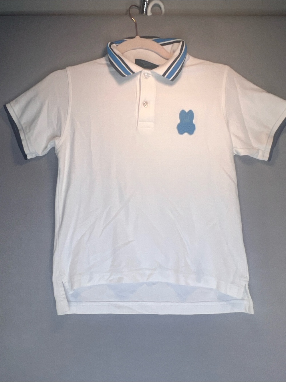 Psycho Bunny Boys White w/ Blue Stripe Collar Polo Shirt Size Medium 10/12 LOGO